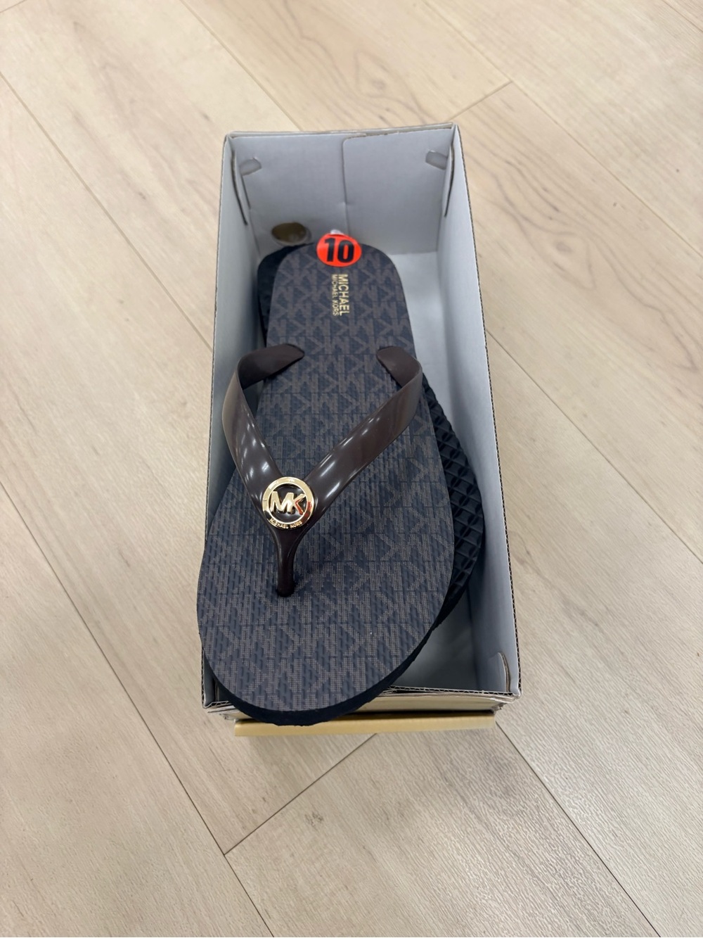 Michael Kors Brown Logo Thong Sandals with Gold MK Accent